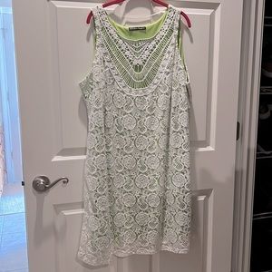 Beautiful Summer Dress, White Lace over Lime Green Lining, Sleeveless, Pullover